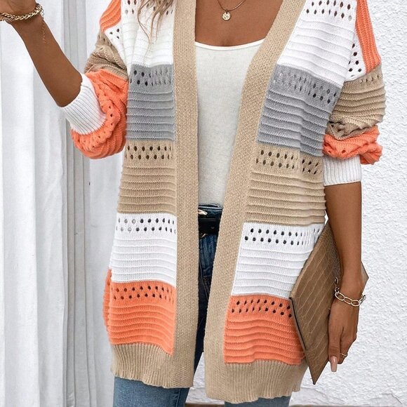 Multicolor Casual Womens Color Block Drop Shoulder Open Front Cardigan - Picture 3 of 5